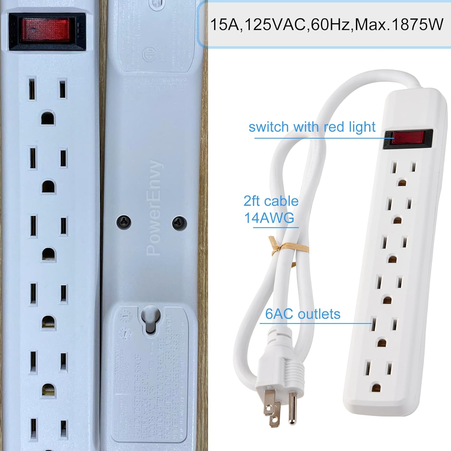 6-Outlet Surge Protector 2pk – 250 Joules, 2ft Cord, 15A/125V, 1875W Max – Right Angle Plug, Black – Home, Office, & Electronics Protection