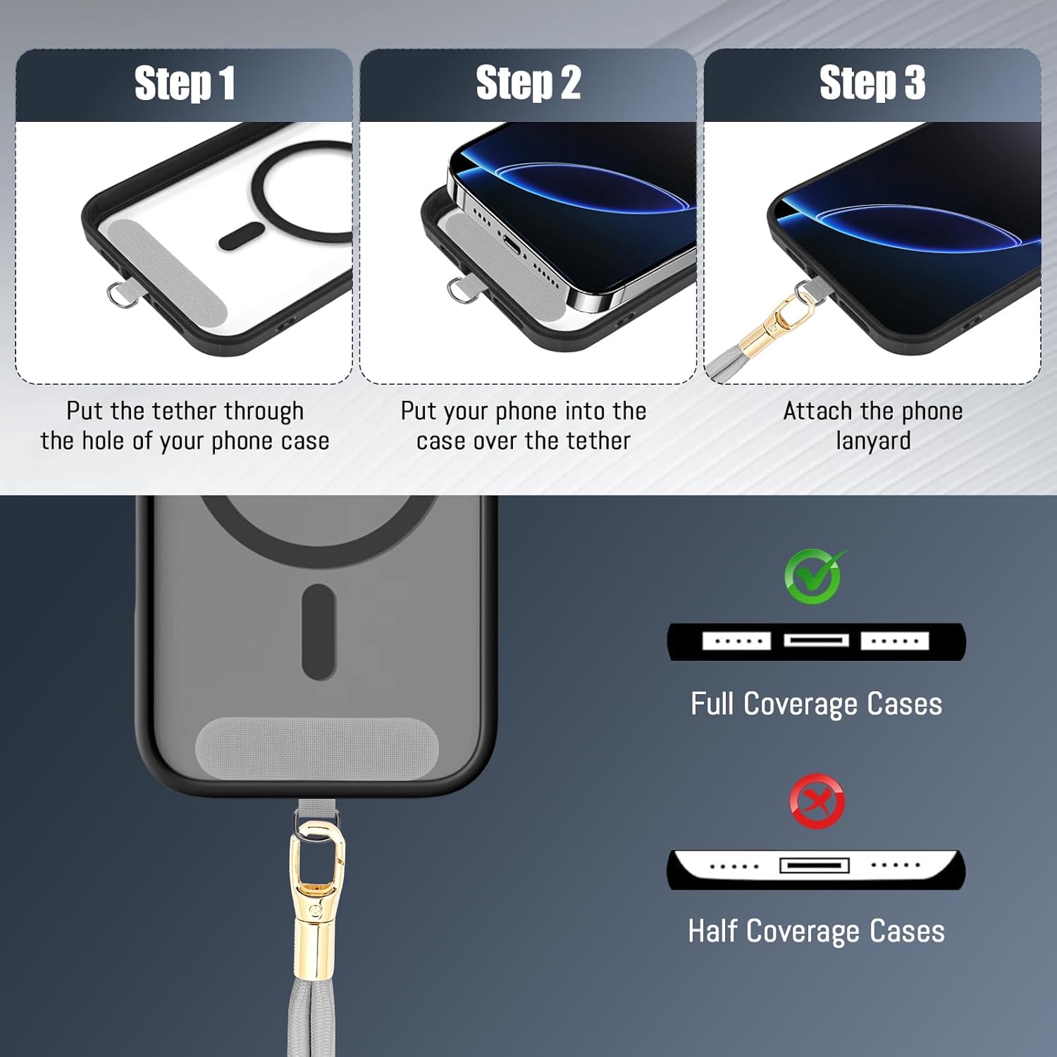 Phone Lanyard 2 Pack, 2x Adjustable Crossbody Phone Strap, 2x Tether Tab, Anti-theft Universal Cellphone Multifuctional Patch Lanyards for iPhone & Most Smartphones, Black + Silver Gray