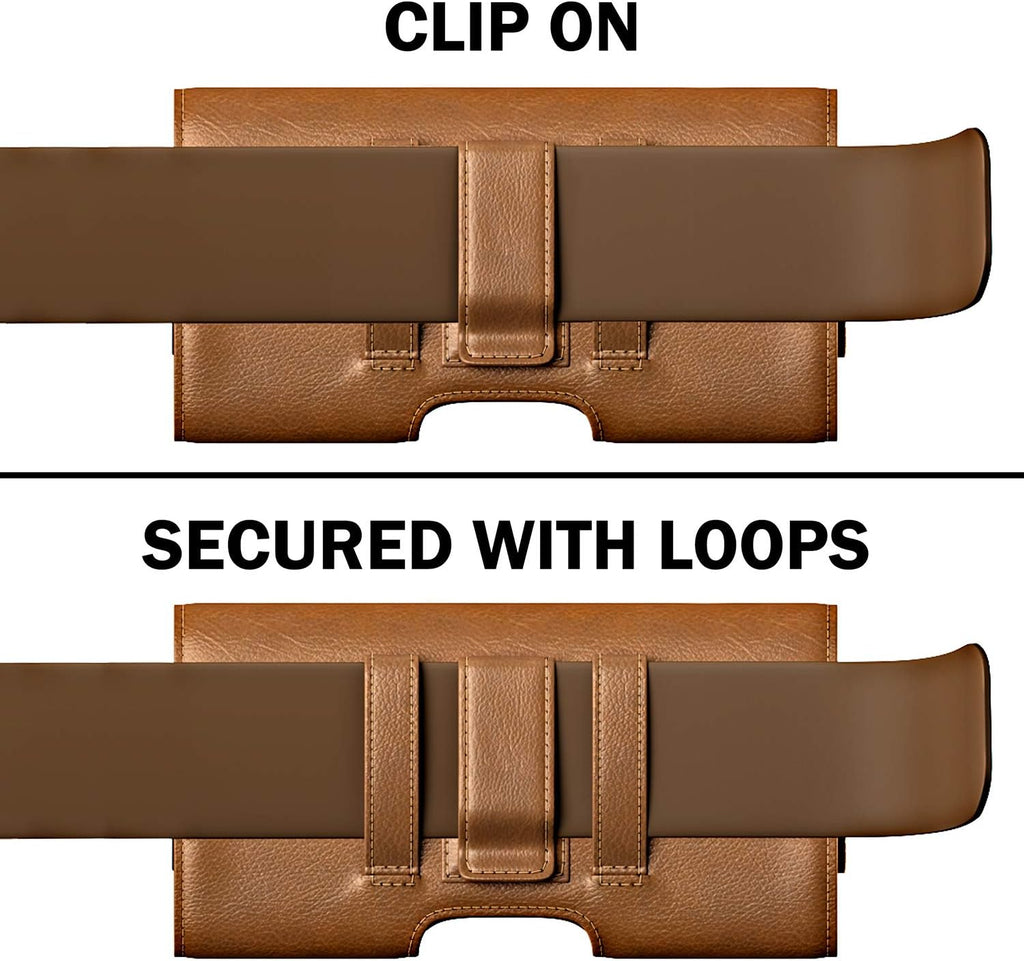 Case for Large iPhone Plus, Pro Max 16 15 14 13 12 11 Xs, Samsung Galaxy S25+ S24+ S23+ S22+ S21+, Cell Phone Belt Holster Clip, ID Card Holder Pouch, Fits Otterbox Case - Brown
