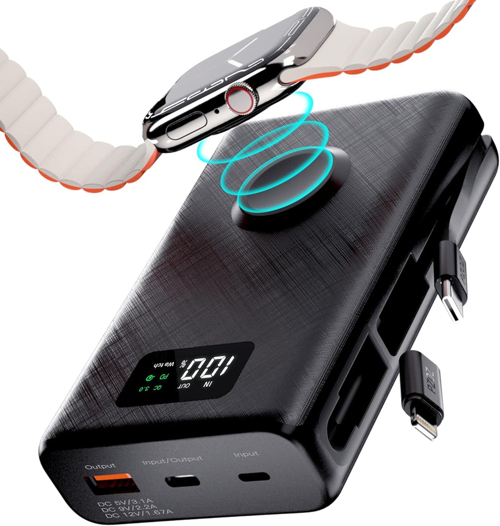 pzoz 20000mAh Portable Power Bank Powerbank Battery Pack with Apple Watch Magnetic Wireless Charger,USB Type C PD Fast Charging Cable Travel High Capacity Compatible iWatch iPhone 16 15 Phone (Black)