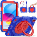 SCSVPN for iPad (A16) 11th/10th Generation Case 11 inch 2025/10.9 inch 2022, Rugged Shockproof Protective Silicone Case for Kids with Pencil Holder, Rotate Stand & Handle, Shoulder Strap - Blue/Red