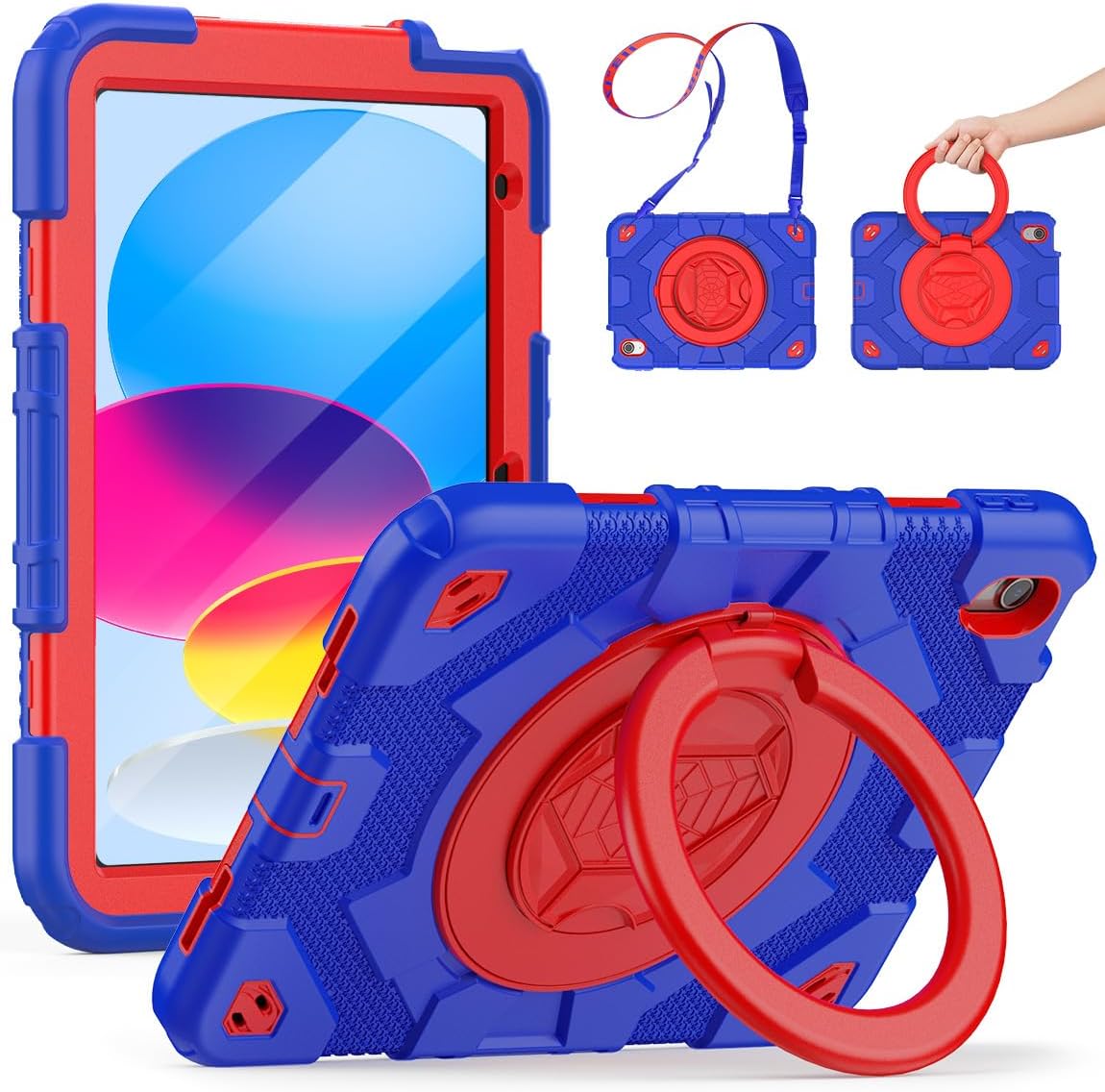 SCSVPN for iPad (A16) 11th/10th Generation Case 11 inch 2025/10.9 inch 2022, Rugged Shockproof Protective Silicone Case for Kids with Pencil Holder, Rotate Stand & Handle, Shoulder Strap - Blue/Red