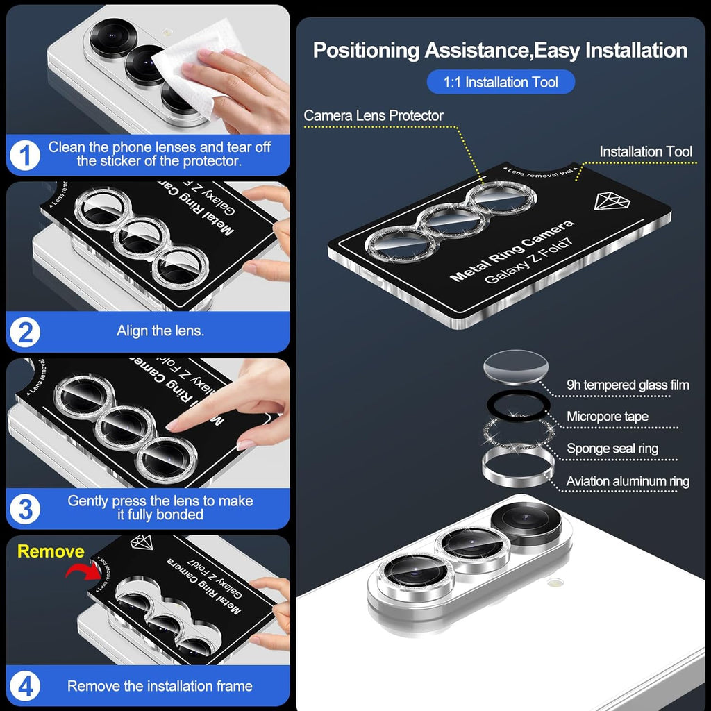 for Samsung Galaxy Z Fold 7 Camera Lens Protector, Individual Metal Ring Tempered Glass Lens Cover, [Strong Adsorption] Scratch Resistant Ultra-Thin HD Clear Lens Cover, 1 Set-Black Sparkly