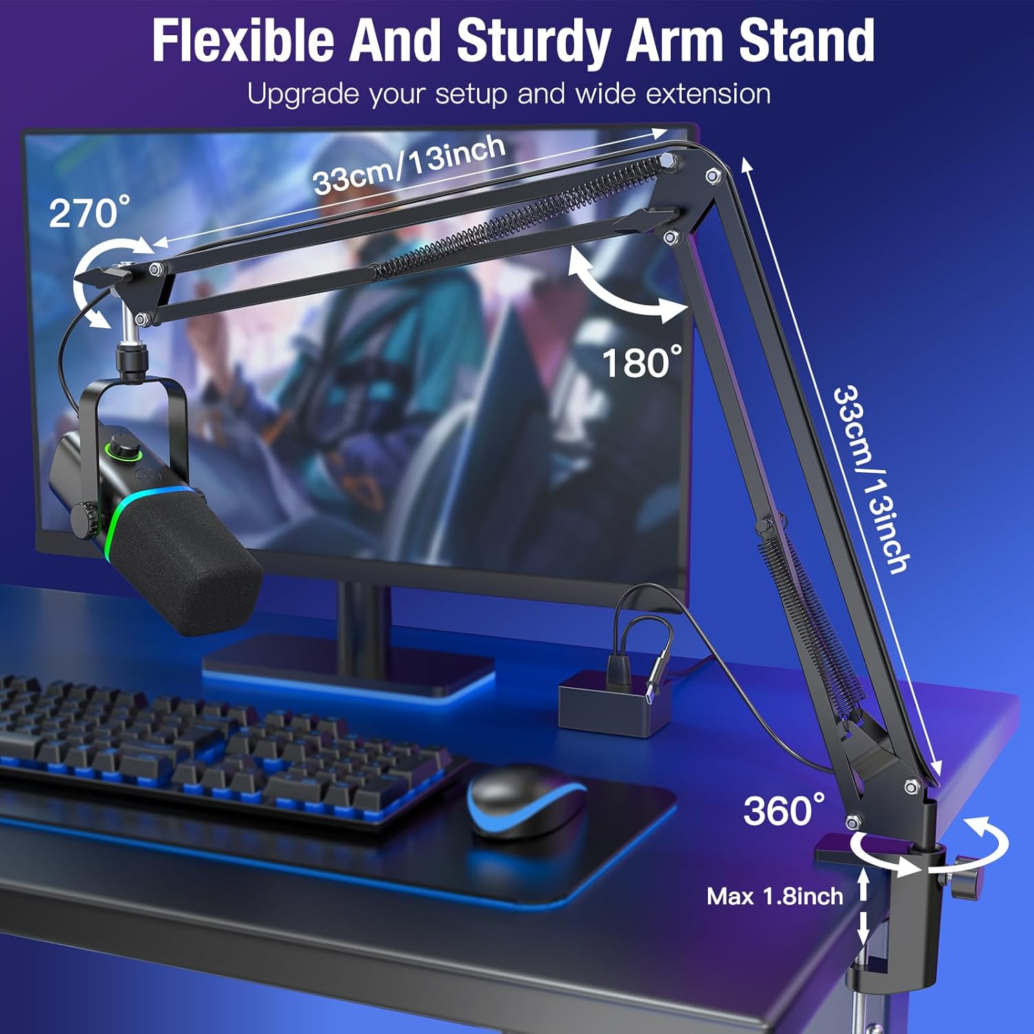 ZealSound XLR/USB Dynamic Microphone for Gaming Podcast,Mic for iPhone Phone PC Computer Gaming Streaming Microphone with RGB Light,Mute Button,Mic Gain,Headphones Jack,Boom Arm Stand,Singing YouTube