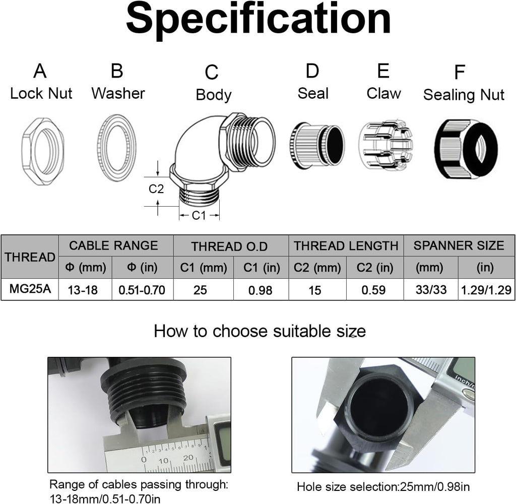 LeMotech M25 Cable Gland, 90 Degree Adjustable 13-18mm Strain Relief, Cord Connectors Nylon Joints with Gaskets, 2 Pcs, Black