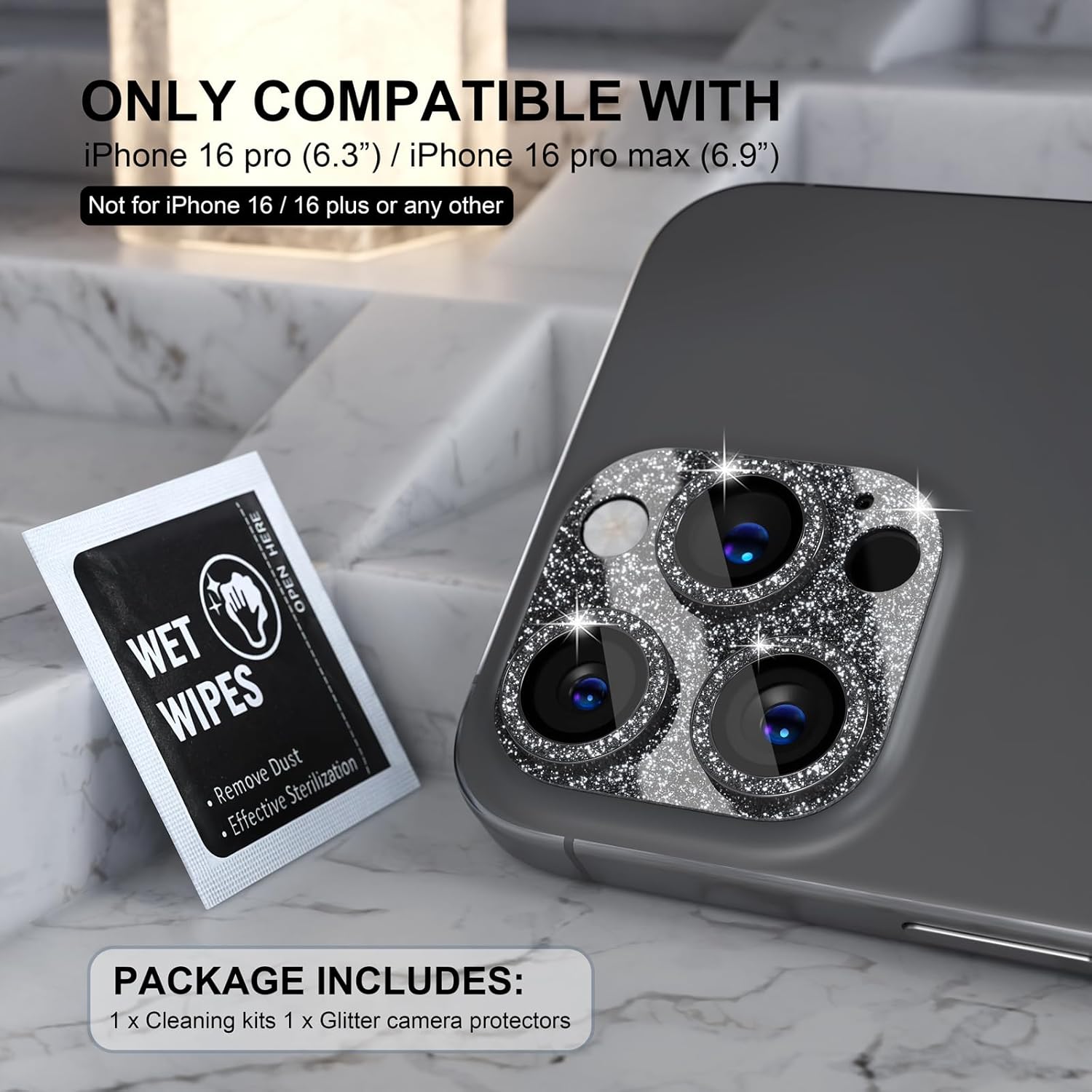 Choiche Compatible for iPhone 16 Pro/iPhone 16 Pro Max Camera Lens Protector, Bling Camera Cover with 9H Tempered Glass Lens Screen Protector Metal Ring Decoration Accessories (Glitter-Black)