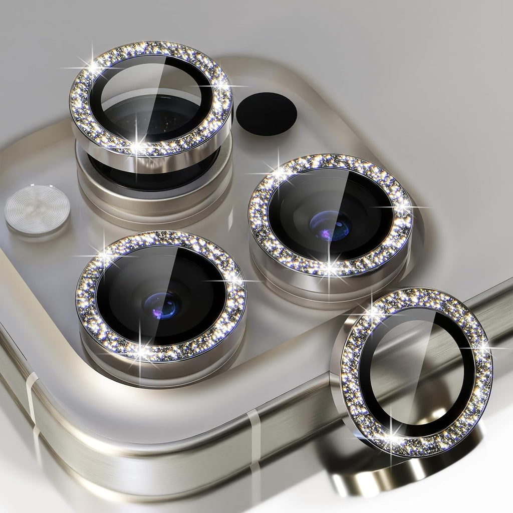 Choiche Compatible for iPhone 15 Pro/iPhone 15 Pro Max Camera Lens Protector Bling, 9H Tempered Glass Camera Cover Screen Protector Metal Ring Decoration Accessories (Glitter-Titanium Gray)