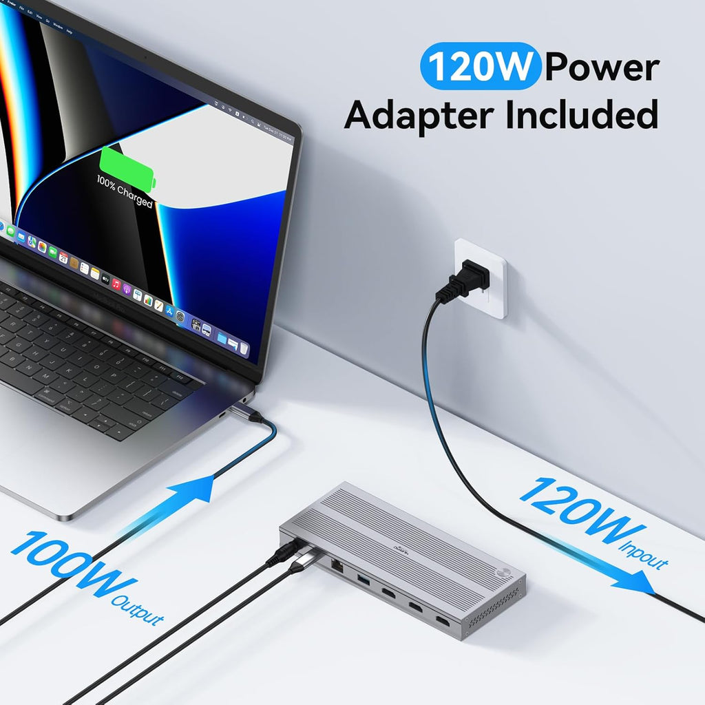USB C Docking Station 3 Monitors with 120W Power Adapter, 4URPC Displaylink Docking Station 3 HDMI for MacBook/Mac mini M4, Windows, and Chrome with USB C(3 HDMI, 5 USB, Ethernet, SD/microSD)