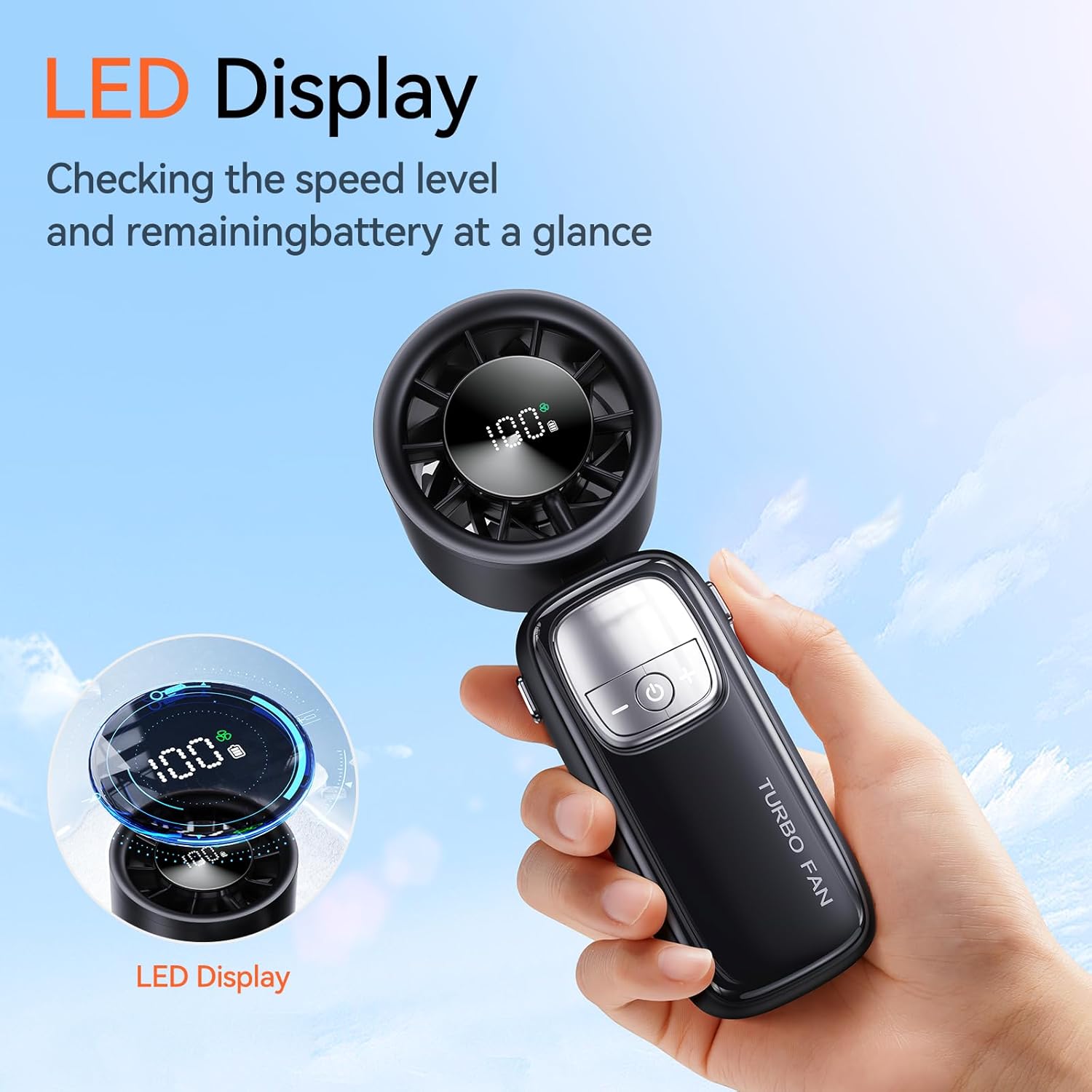 3-in-1 Portable Handheld Turbo Fan-100 Speeds, 15000 RPM, 10Hrs Cooling, LED Display, 90° Rotation, USB Rechargeable Battery Powered, Mini Foldable Hand Held Personal Fan for Women Men (Black)