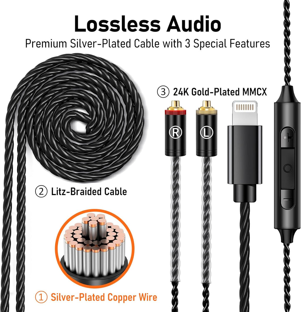 Vibes 202ML Wired Earbuds - HiFi in Ear Headphones - Noise-Isolating Ear Buds w/ Mic - Clear Sound, Deep Bass, Comfort-Fit Earphones - MMCX–Lightning for iPhone 5–14, Silver Plated Cord, Carrying Case