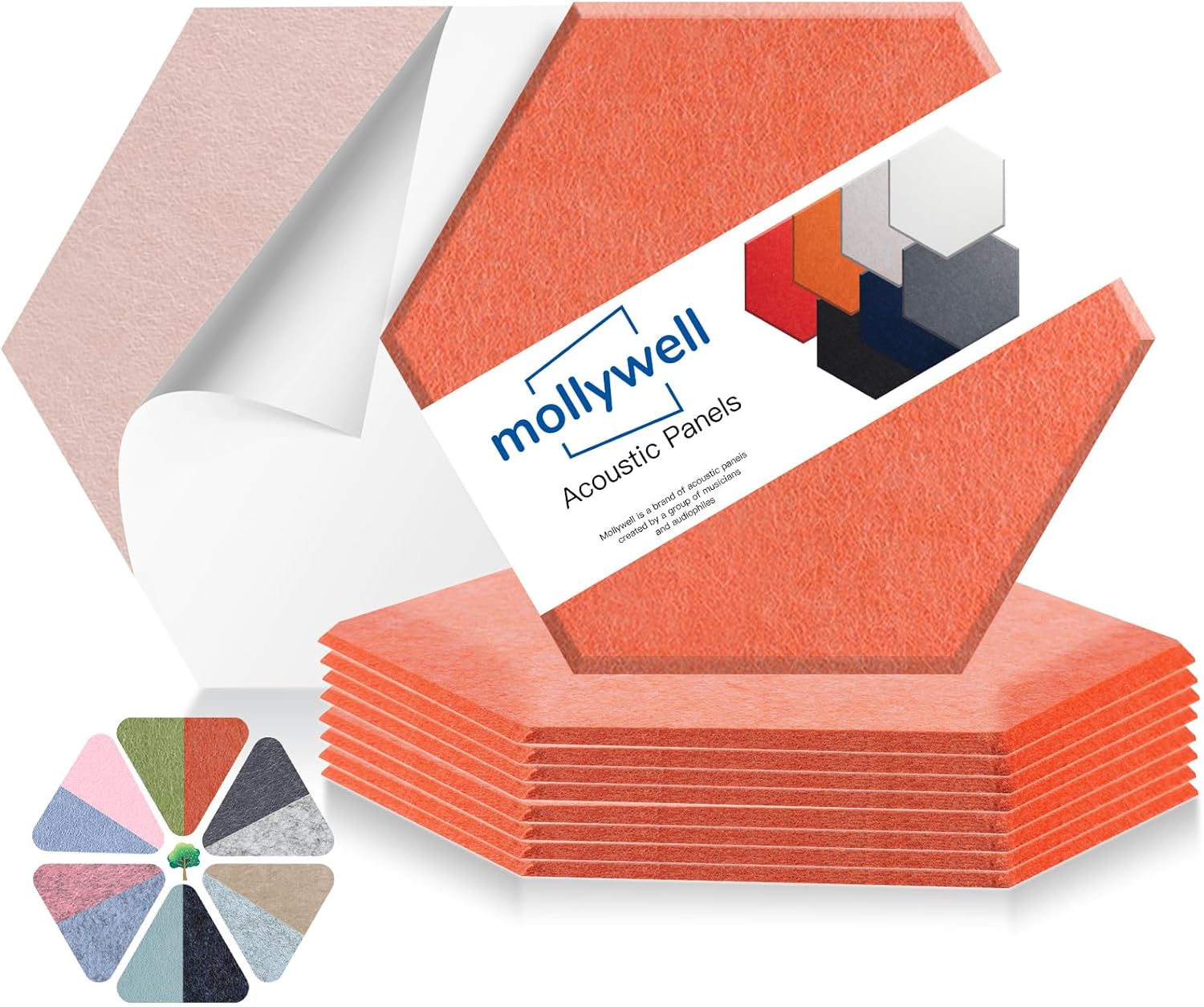 Mollywell Hexagon Acoustic Panels, High Density, Soundproofing, Decorative Noise Reduction Felt Wall Tiles for Ceilings, Home Office & Gaming Room (Orange), 14x12x0.4 Inch