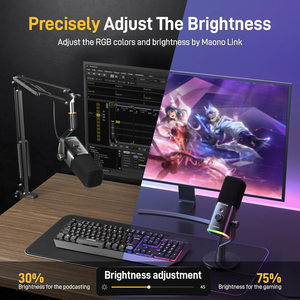 MAONO XLR/USB Gaming Microphone Kit: Dynamic PC Mic for Streaming Podcasting, Software Support, Mute Button, Gain Control, RGB Computer Mic with Boom Arm Stand, for Recording, PS4/PS5, PD100XS Black