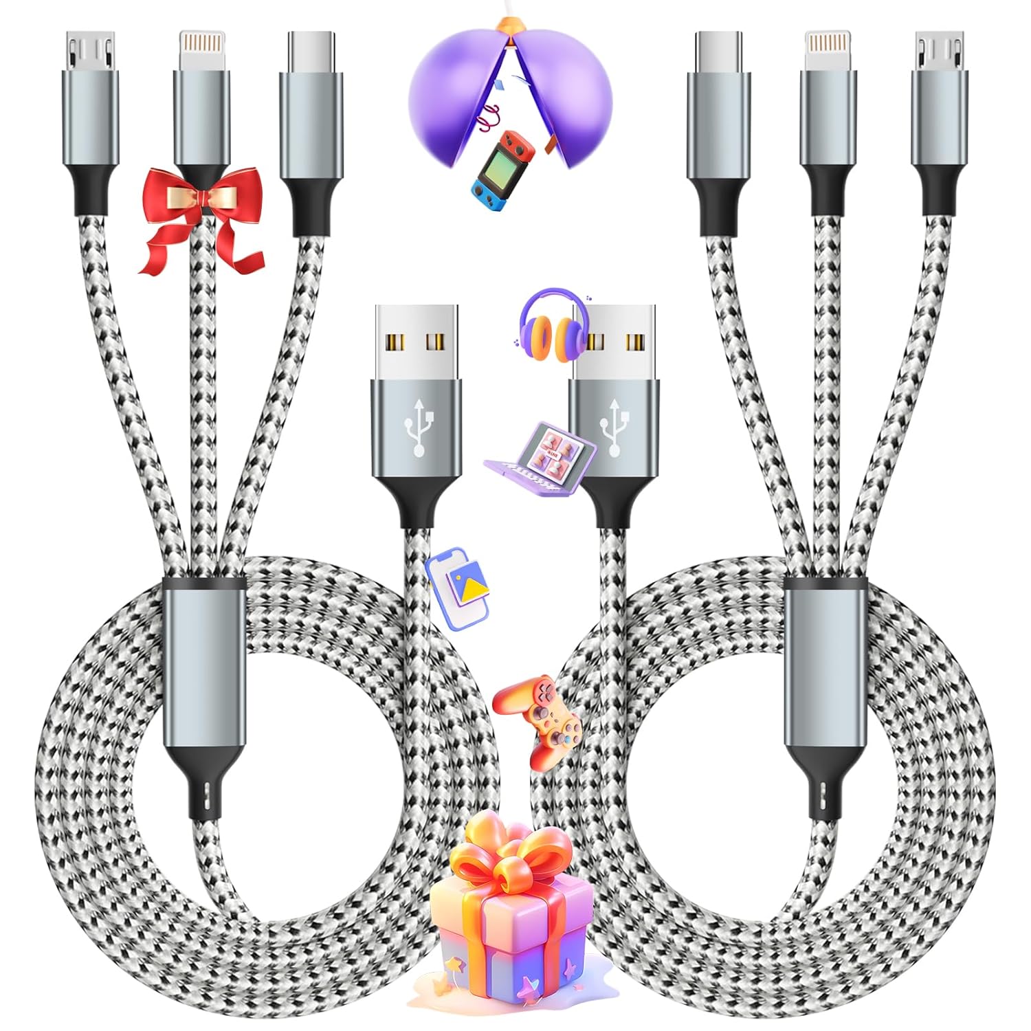 Multi Charging Cable, (2 Pack 4FT) Multi USB Charger Cable 3 in 1 Charging Nylon Braided Fast Charging Cord with Type-C, Micro USB, IP Port for Most Phones/iPhones/Tablets