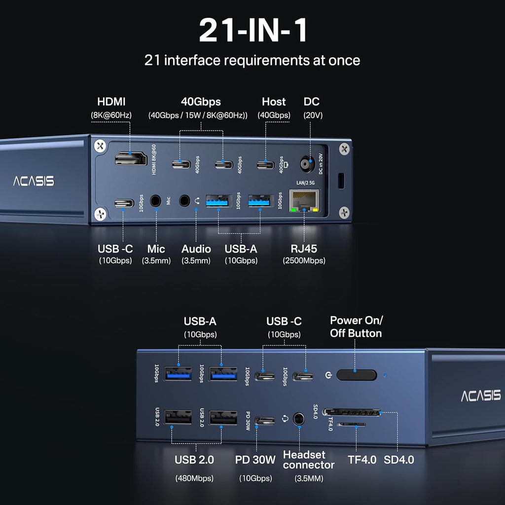ACASIS 40Gbps Docking Station - 21 Ports,MacBook Pro Docking Station Dual Monitor, 8K60Hz HDMI, 2.5 GbE Ethernet, SD/TF 4.0, 10Gbps 7*USB C/A, 3.5mm Audio, 40Gbps Dock for Mac/Dell/HP/Lenovo/ThinkPad