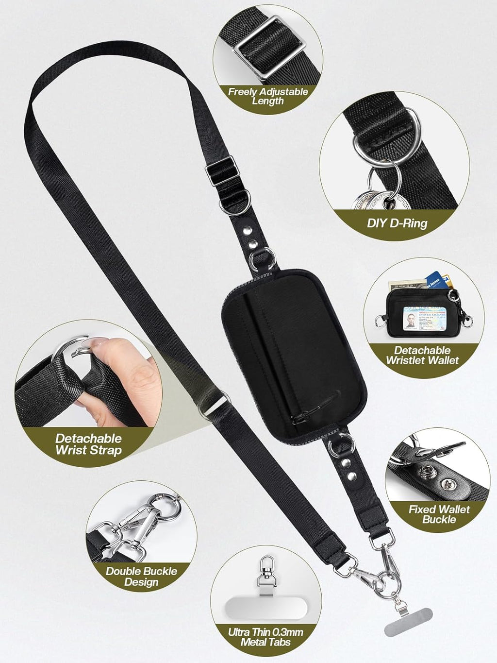 Clip and Go Strap for Phone with Wallet Crossbody Phone Lanyard Adjustable and Detachable RFID Wristlet Wallet with ID Window and Zipper, Black