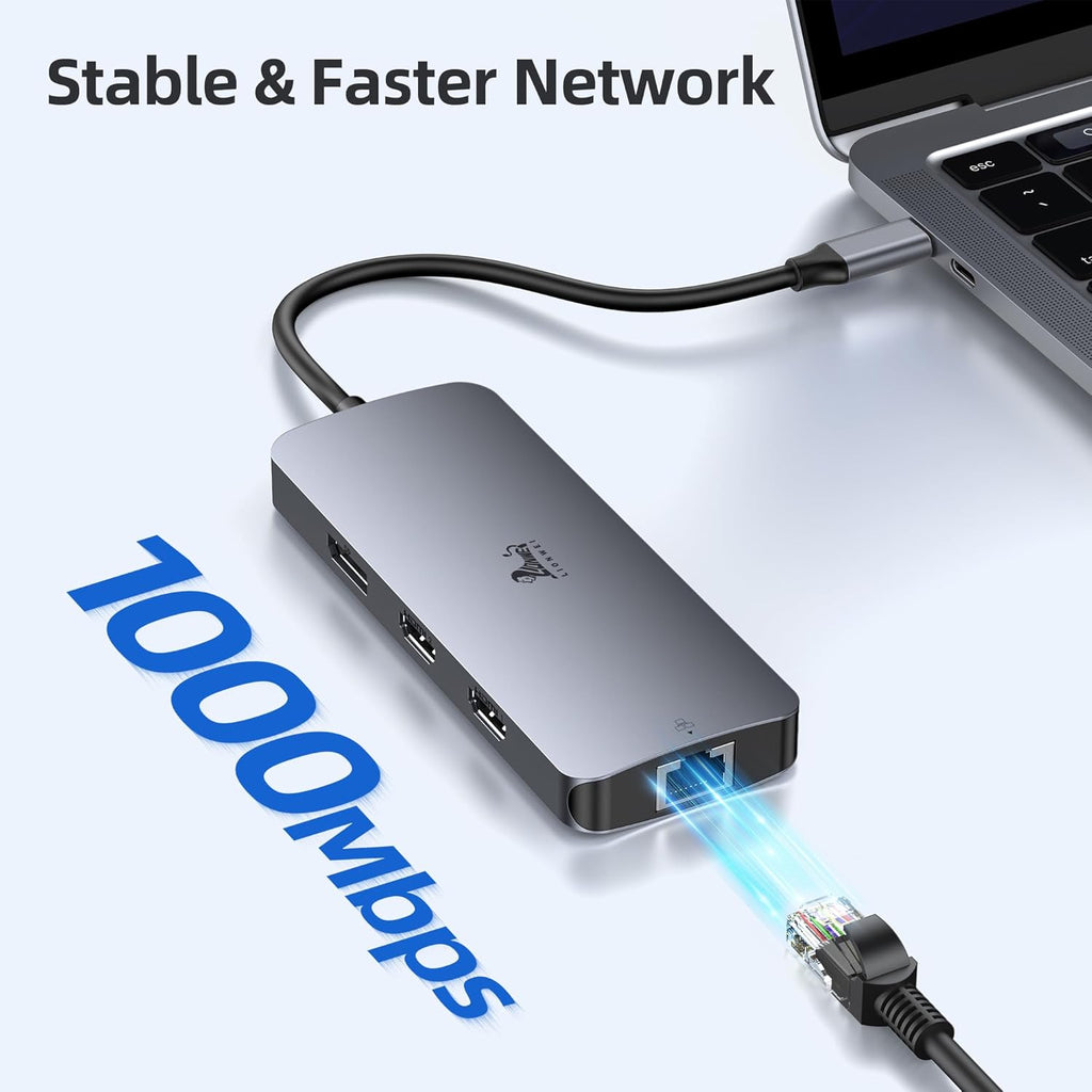 USB C Docking Station Dual Monitor, LIONWEI Laptop Docking Station 3 Monitors with 2 HDMI, 4K DisplayPort, 1Gbps Ethernet, 100W PD, 3 USB A/C 3.0, USB C Hub Multiport Adapter for Dell/Lenovo/HP