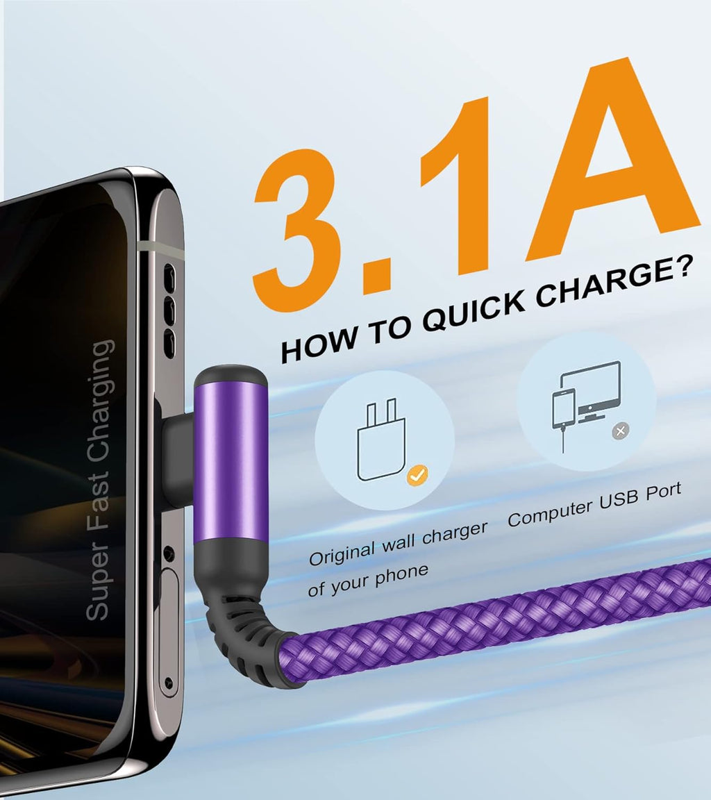 sweguard USB C Cable Right Angle [3Pack, 10FT+6.6FT+3.3FT], USB Type C iPhone 16 Charger Cable Nylon Braided Cord for iPhone 15 16 Pro Max Plus, Samsung Galaxy S25 S24 S23 S22 S21 S10 Note 20 10,Moto