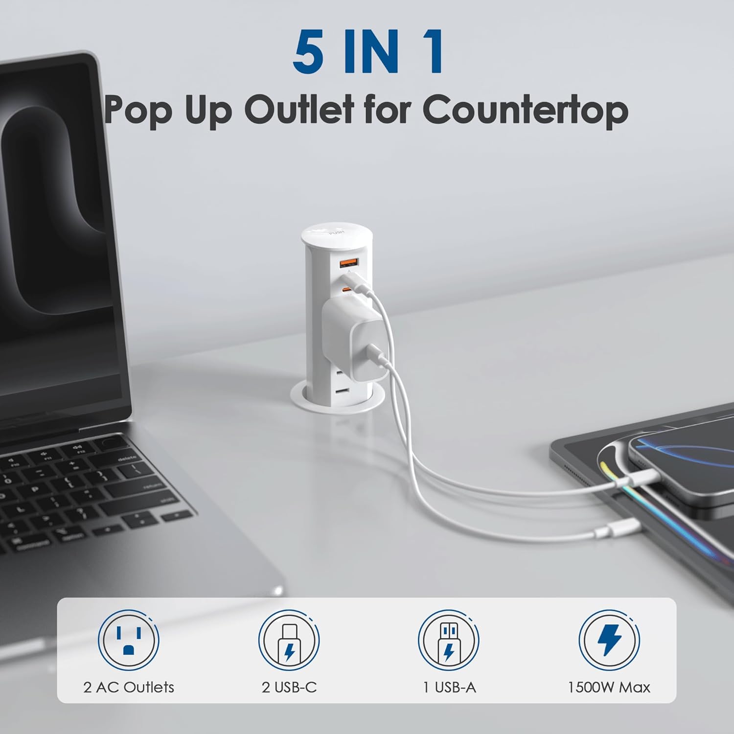 2 Inch Pop Up Outlet for Countertop,Power Grommet 2-inch Desk Wire Hole Insert,20W USB C,2 Outlets,2 USB C/1 USB A,Recessed Outlet,Desk Charging Station (White, 6 FT Cable)