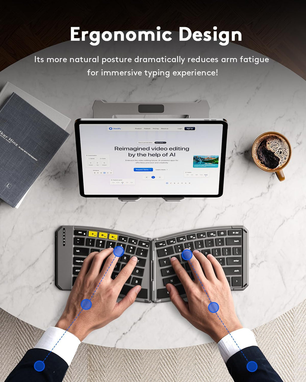 Samsers Ergonomic Foldable Keyboard, KE09U Folding Travel Bluetooth Keyboard with 6-Row Layout, Dual-Mode(2.4G+BTx2) Split Portable Design with USB Slot, for iPhone iPad Smartphone Tablet Laptop PC