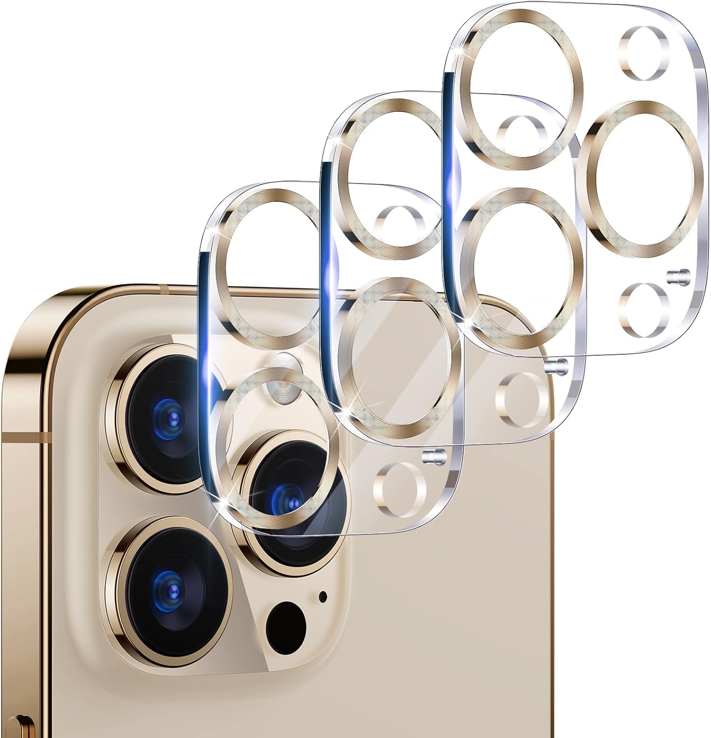 UniqueMe [ 3 Pack] Compatible with iPhone 12 Pro Max 6.7" Camera Lens Protector Tempered Glass,[Case Friendly][New version][Scratch-Resistant][Easy Installation] -Golden
