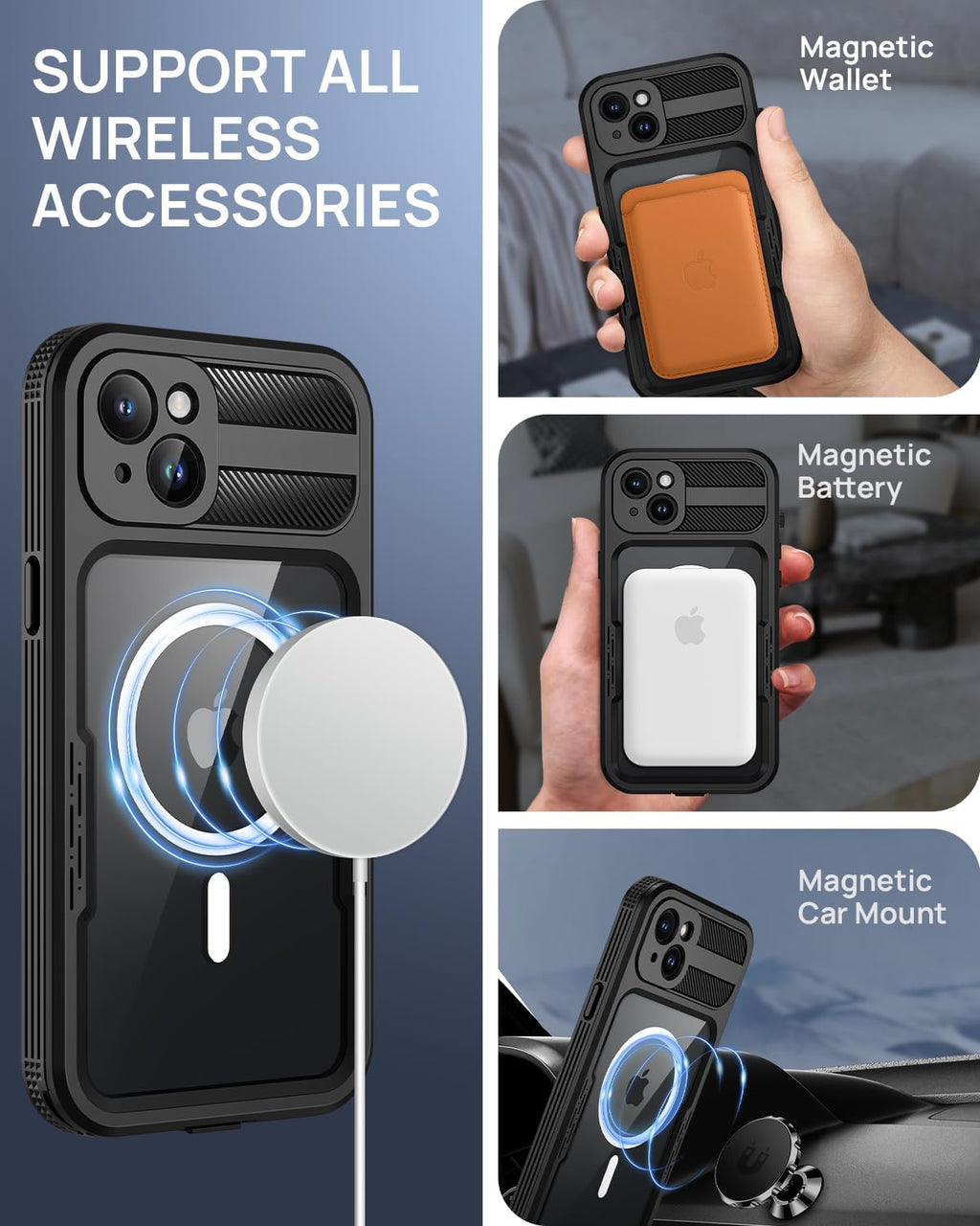 Lanhiem Magnetic for iPhone 15 Plus Case, IP68 Waterproof Dustproof Case, [Compatible with Magsafe] [Built-in Screen Protector] Full Body Heavy Duty Rugged Phone Cover 6.7 inch, Black/Clear
