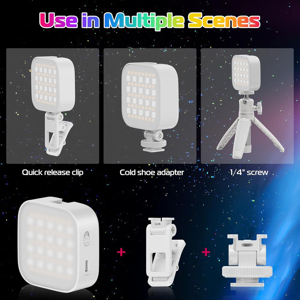 ULANZI U60 RGB Video Lights White LED Camera Light 360° Full Color Portable Photography Lighting w Quick Release Cold Shoe Adapter and Clip, 2500mAh Rechargeable CRI 95+ 2500-9000K Dimmable Panel Lamp