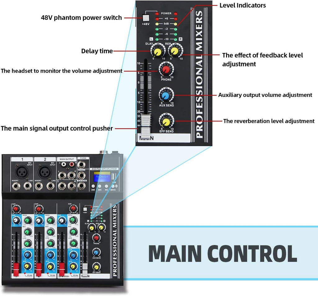 Depusheng HT4 Bluetooth Compatible Professional Portable Digital DJ Console w/USB 4 Channel Mixer Audio Interface-Mixing Boards For Studio Recording, Black
