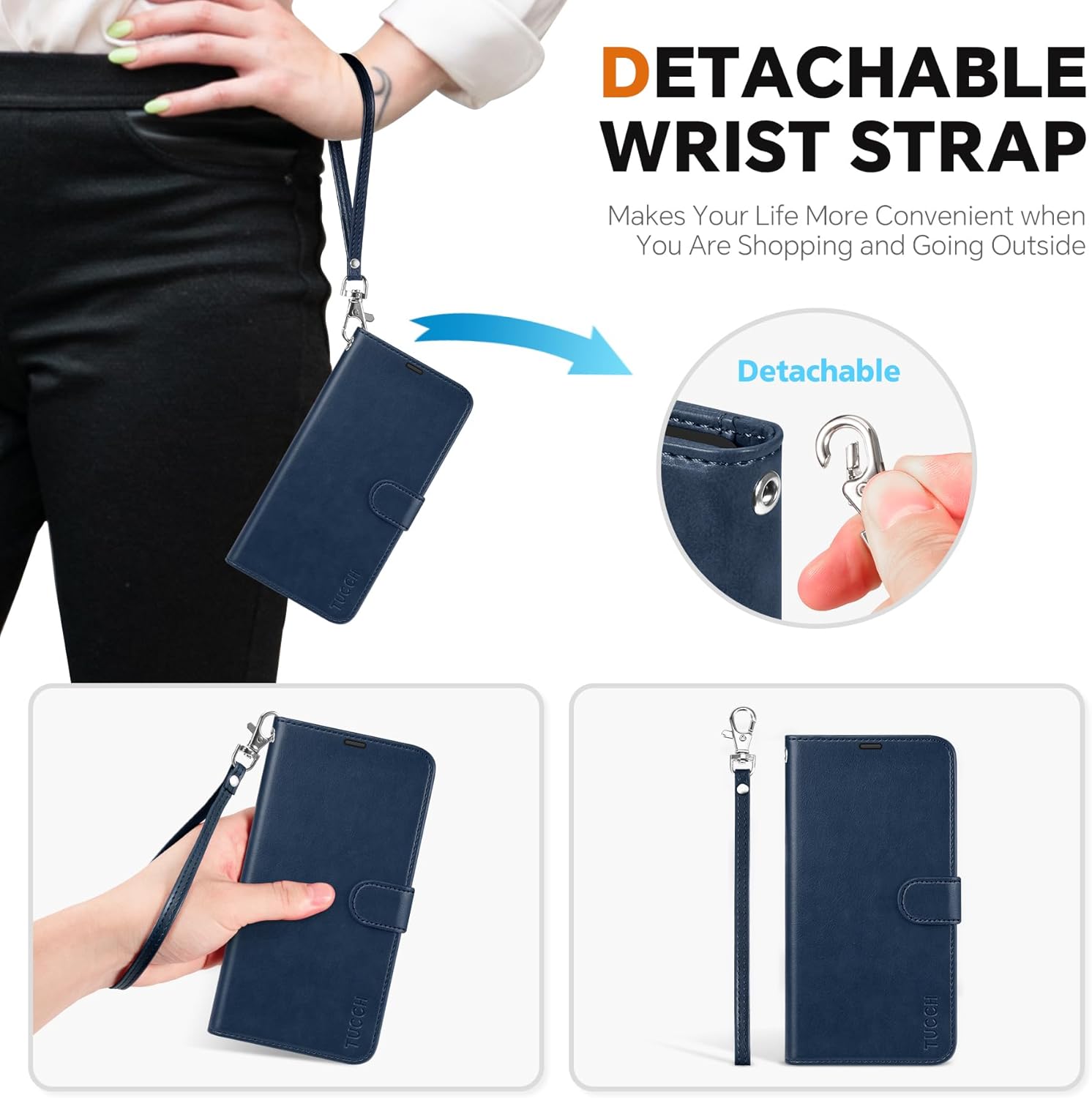 TUCCH Case Wallet for Galaxy S25 Edge, [Detachable] 2 in 1 Magnetic PU Leather Wrist Strap RFID Blocking Wireless Charging 4 Card Slot Stand Removable Shockproof Cover for Galaxy S25 Edge, Dark Blue