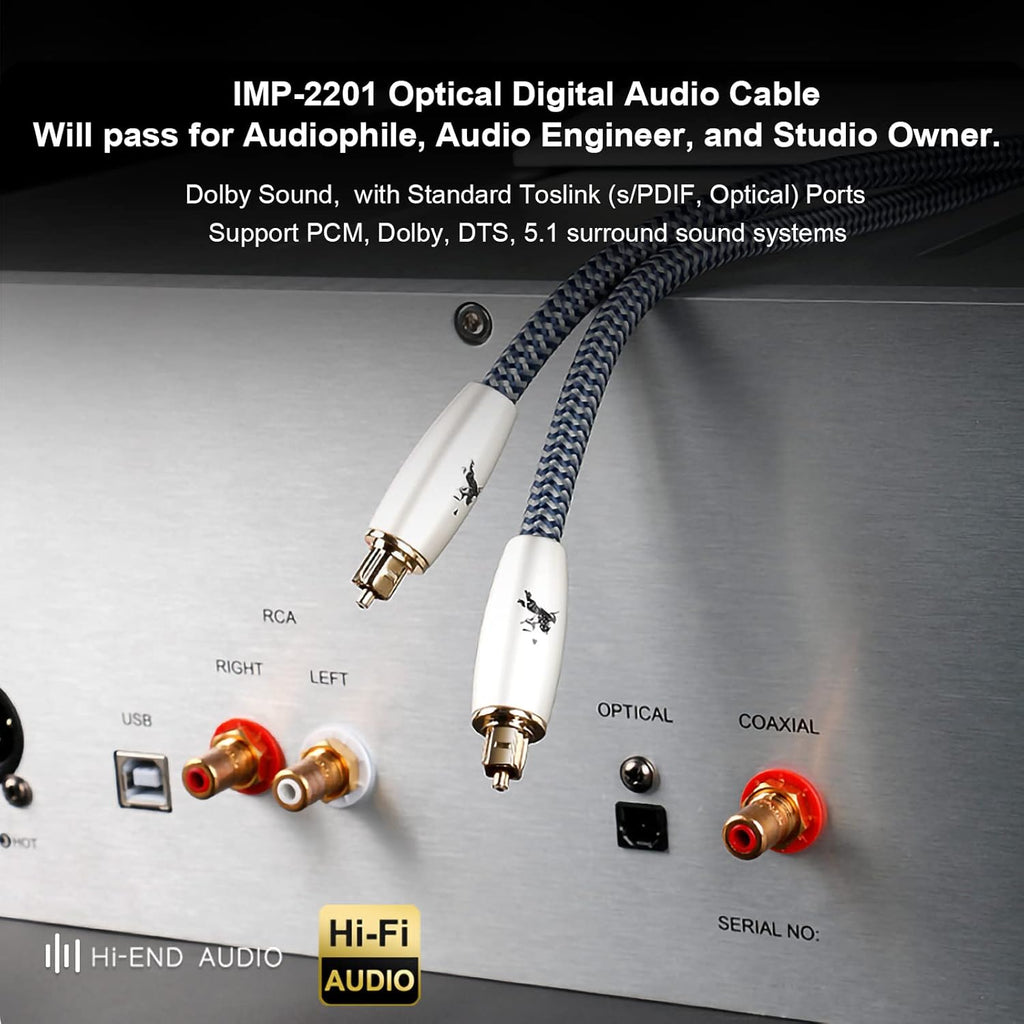 Digital Fiber Optic Audio Cable for Sound Bar Toslink Cord Male to Male 24K Gold Plated Connector Optical Audio Cable 6ft 10ft S/PDIF Glass Core, 6.56feet/2M IMP-2201
