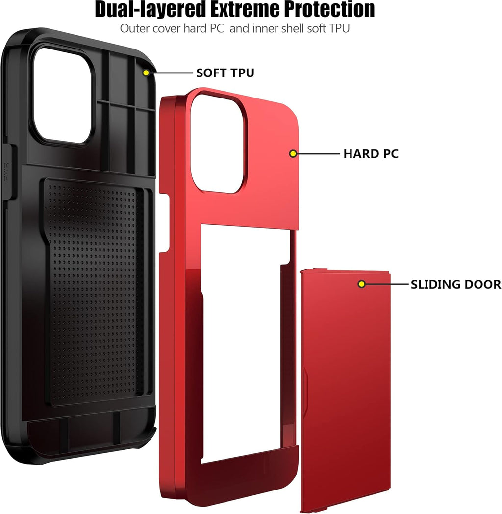 Nvollnoe for iPhone 12 Pro Max Case with Card Holder Heavy Duty Protective Dual Layer Shockproof Hidden Card Slot Slim Wallet Case for iPhone 12 Pro Max for Men&Women(Red)