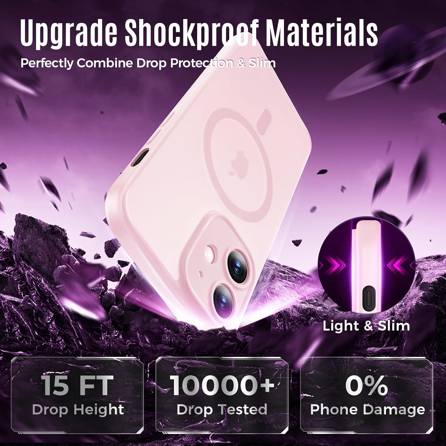 Designed for iPhone 12 Case, Compatible with MagSafe, with Privacy Screen Protectors X2, [Camera Protection] [15FT Military Drop Protection] Shockproof Phone Case, 6.1", Pink