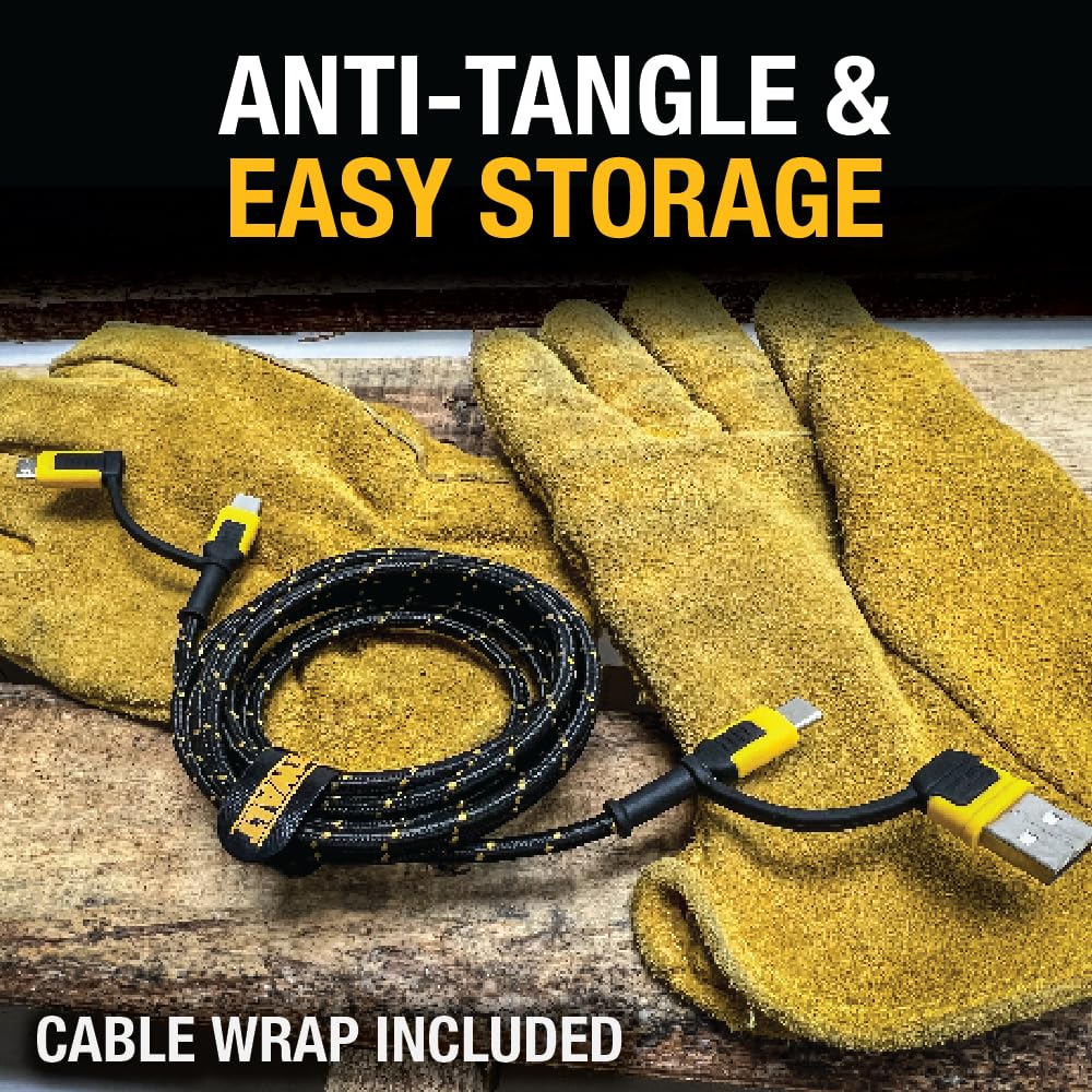 DEWALT Heavy Duty 4-in-1 Cable, Type C/Micro USB/USB Cable for iPhone 16, iPhone 15, iPad Charger USB C, Huawei, HTC, LG, Samsung Galaxy, Android Smartphones, iPad Pro, Micro C Charging (6ft, Black)