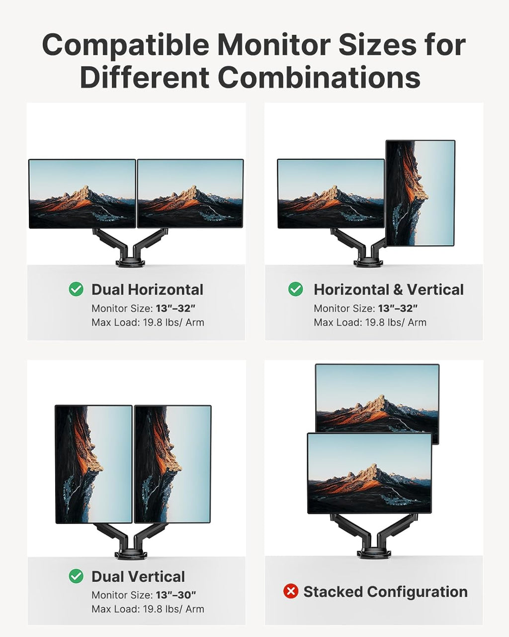 HUANUO Dual Monitor Stand - Full Adjustable Monitor Desk Mount Swivel Vesa Bracket with C Clamp, Grommet Mounting Base for 13 to 32 Inch Computer Screens - Each Arm Holds 4.4 to 19.8lbs