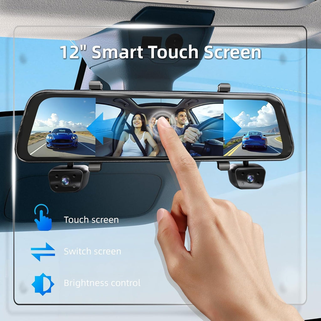 2025 Rear View Mirror Camera,4 Channel Mirror Dash cam Front and Rear 24/7 Recording,12" Touch Screen Dash Camera for car Trucks,Built-in WiFi,GPS,IR Night Vision,Free 128GB SD Card
