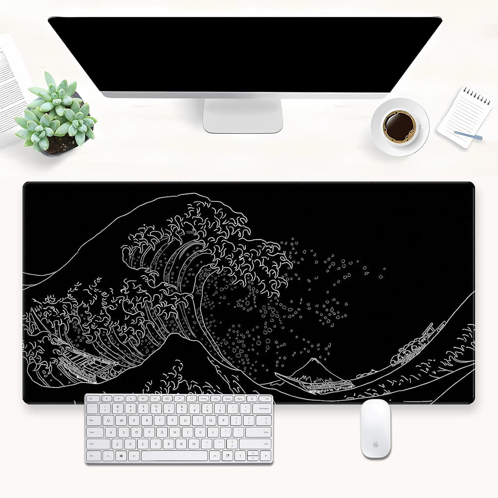 Japanese Great Wave Off Kanagawa Gaming Mouse Pad - XL Extended Ukiyo-e Art Desk Mat, Non-Slip Waterproof Rubber Base & Stitched Edges, 31.5 x 15.7 Inch Large Computer Mousepad