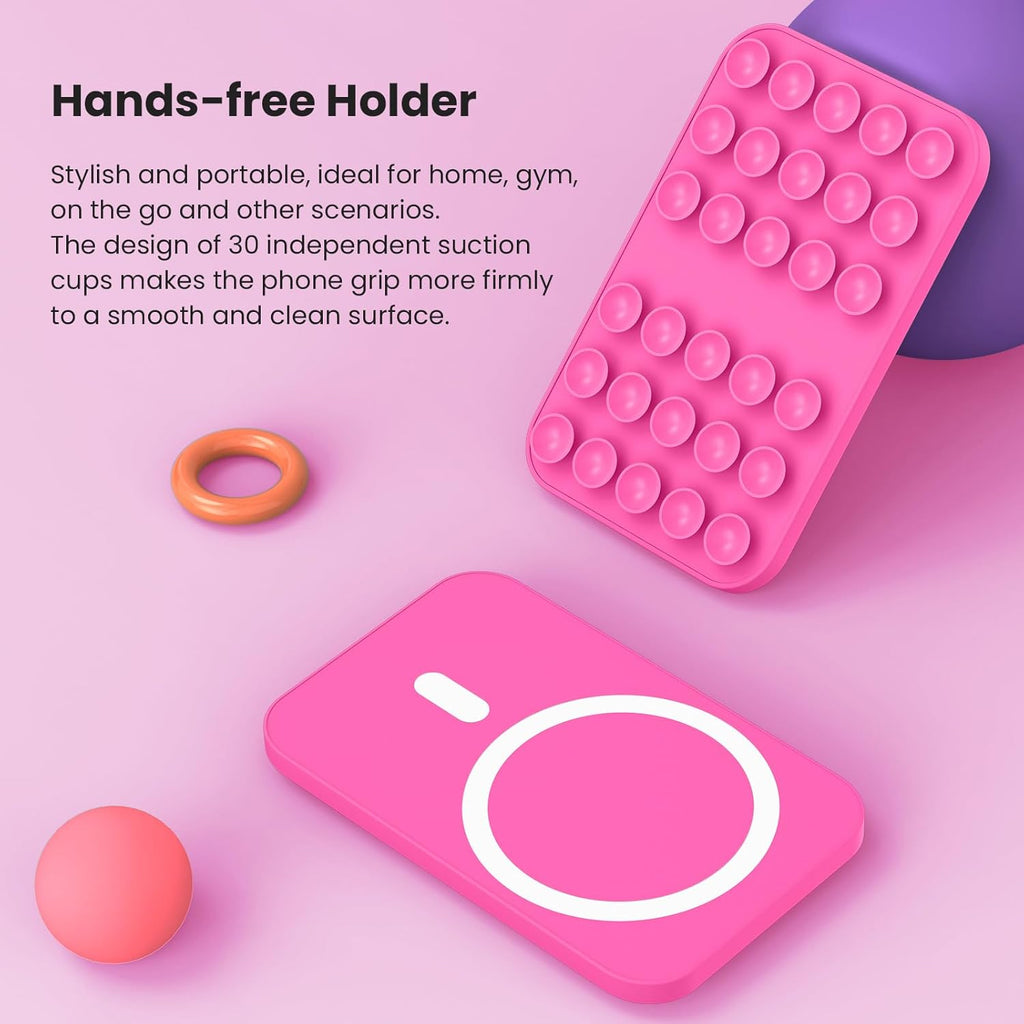 Patented Magnetic Sticky Phone Suction Grip Mount for MagSafe Case,Magnet Silicone Portable Stand Holder for iPhone 16/15/14/13/12 Series and Android, Hands-Free Selfies and Videos,Hot Pink