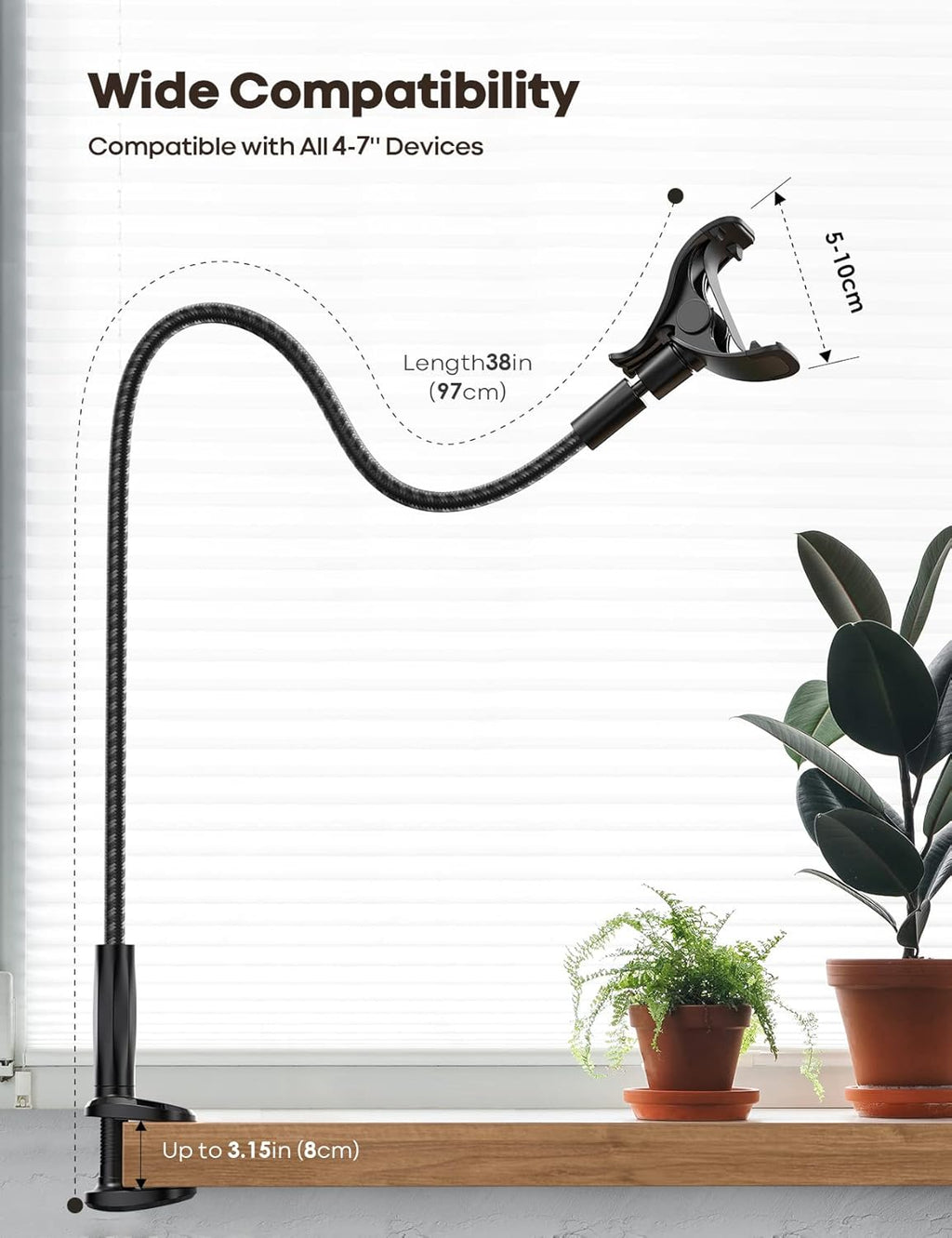 Lamicall Gooseneck Phone Holder Bed - [Nylon Braided] Flexible Arm, 38inch Overall Length, 360 Adjustable Clamp Clip, Overhead Cell Phone Mount Stand for Bed, Desk, 4-7” Cellphone