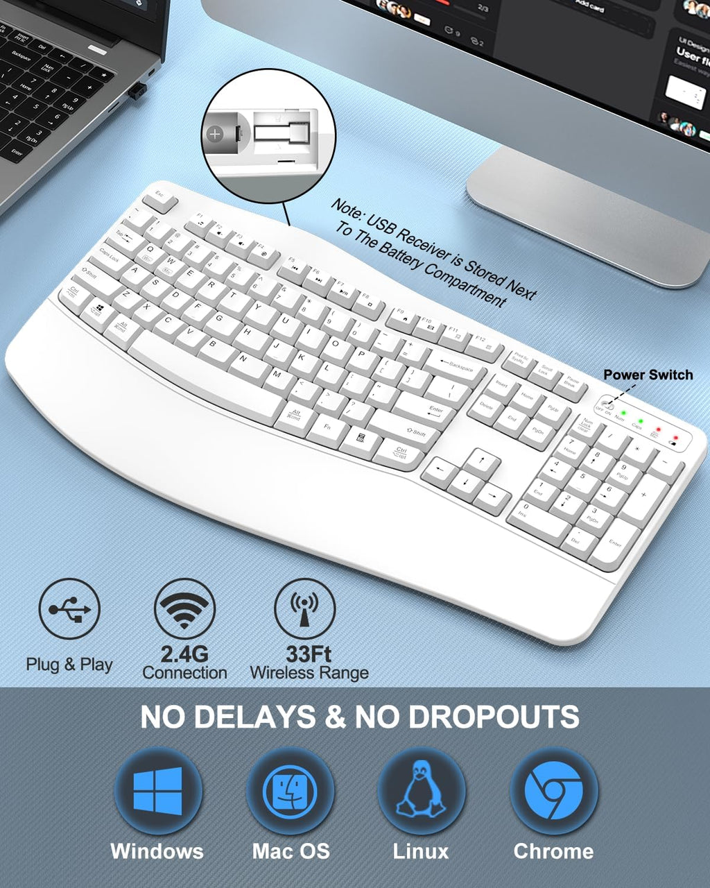 EDJO Ergonomic Wireless Keyboard for Large Hands, with Wrist Rest, Wave Keys, 2.4GHz Full Size Ergo Cordless USB Computer Keyboard, Comfortable Natural Typing, for Laptop, Mac, Windows (White)