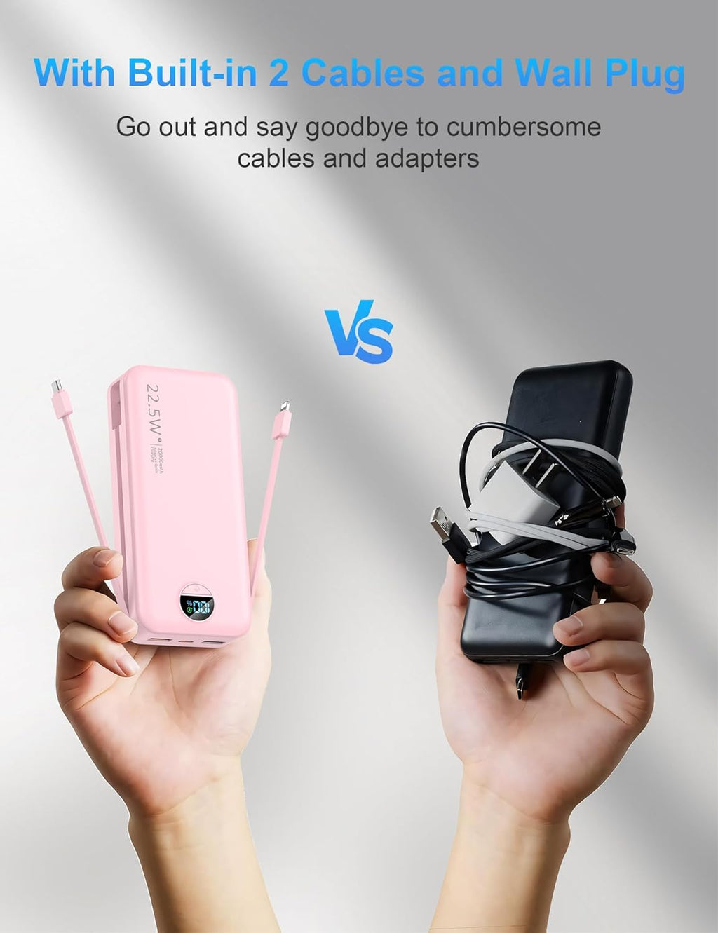 Portable Charger with Wall Plug, 20000mAh USB C Power Bank Fast Charging, External Battery Pack with Built in Cables, Digital Display, 5 Output 2 Input for iPhone Android Cell Phone Tablet