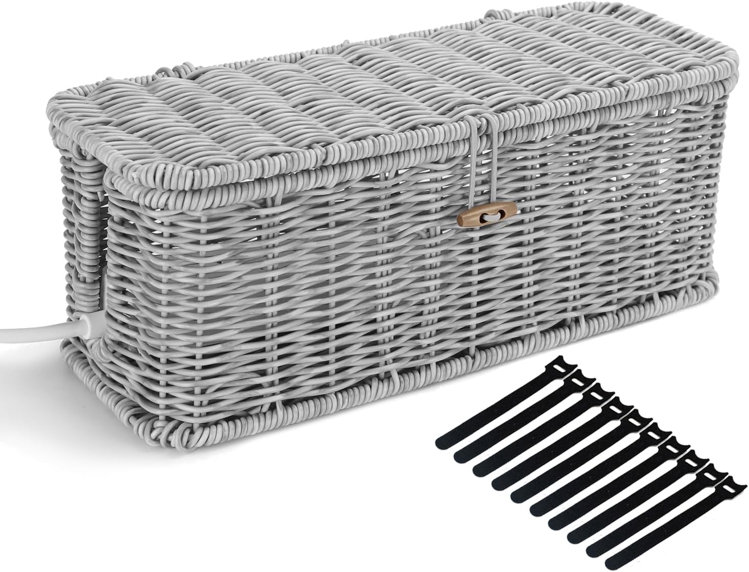 Cable Management Box, Woven Rattan Cord Hider With Lid & Button Lock, Floor Cord Holder for Power Strip USB Hub, Boho Desk Wicker Wires Storage Cable Organizer Box(grey)