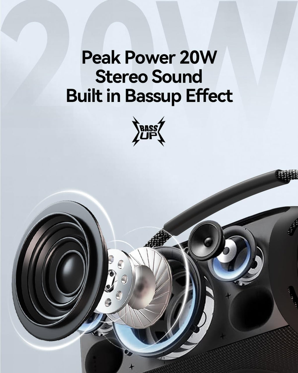 Portable Bluetooth Speaker with Light, Loud Sound and Deep Bass, IPX6 Waterproof, Up to 18H Playtime, TWS Pairing, Support Bluetooth/AUX/USB/TF Card for Home, Party, Outdoor and Travel (Black)