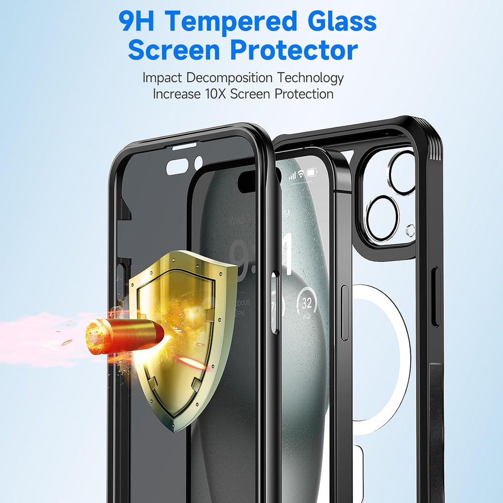 seacosmo for iPhone 15 Plus Case, Full Body Bumper with Built-in 9H Tempered Glass Privacy Screen Protector and Camera Lens Protector, Compatible with MagSafe, Shockproof Phone Cover, 6.7", Black
