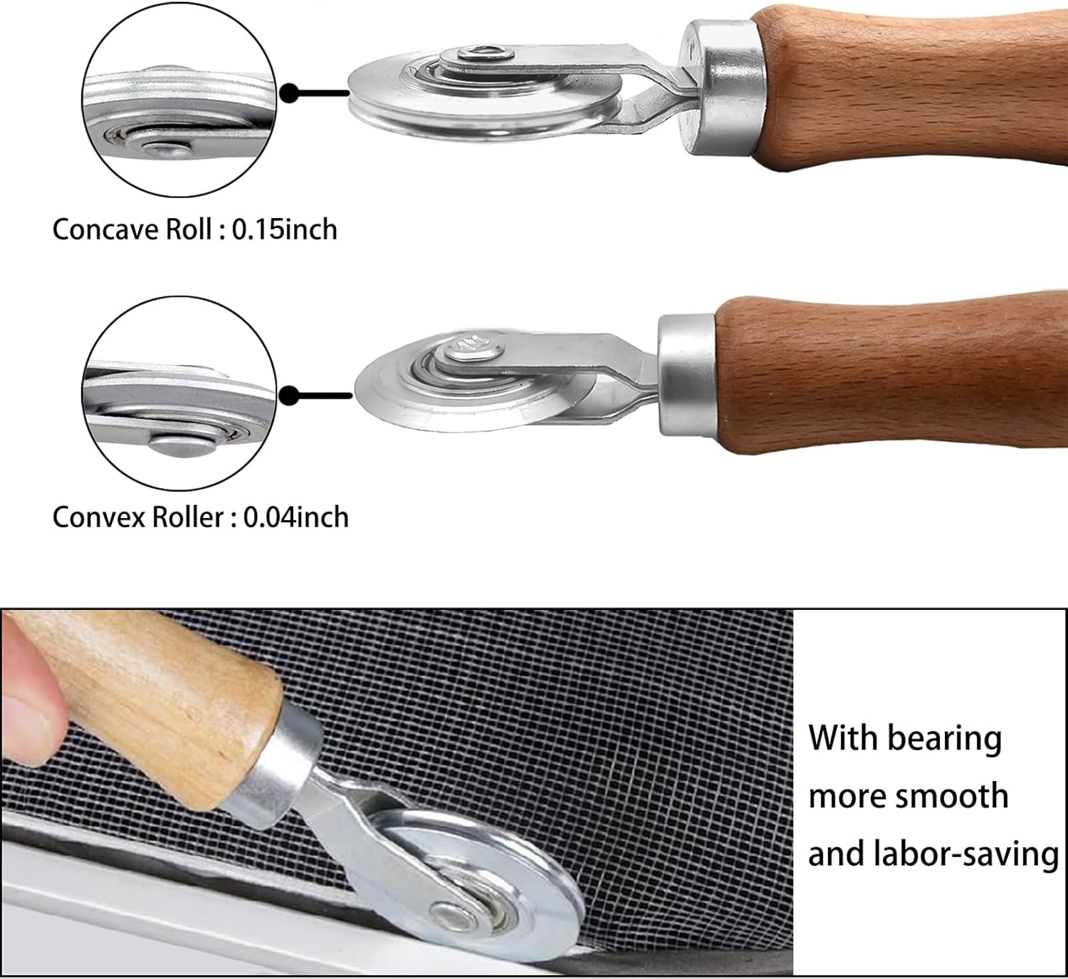 BAYTORY 3Pcs Screen Rolling Tool Kit for Installing Door Mesh Screens Window, Screen Spline Roller Tool with Wooden Handle and Steel Bearing Wheels, Durable and Easy to Use