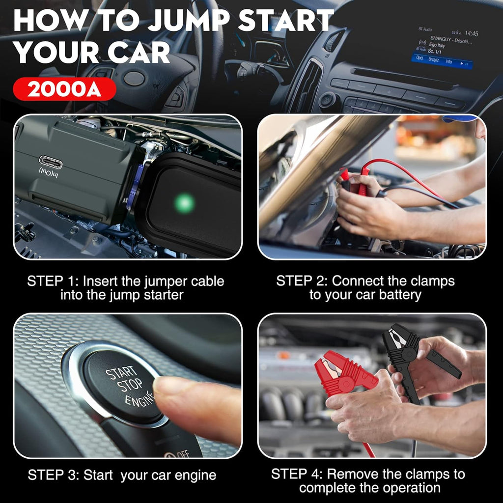 NEXPOW 2000A Peak Car Battery Jump Starter with USB Quick Charge 3.0 (Up to 7.0L Gas or 6.5L Diesel Engine), 12V Portable Jump Box, Battery Booster with Built-in LED Light, Jumper Cables