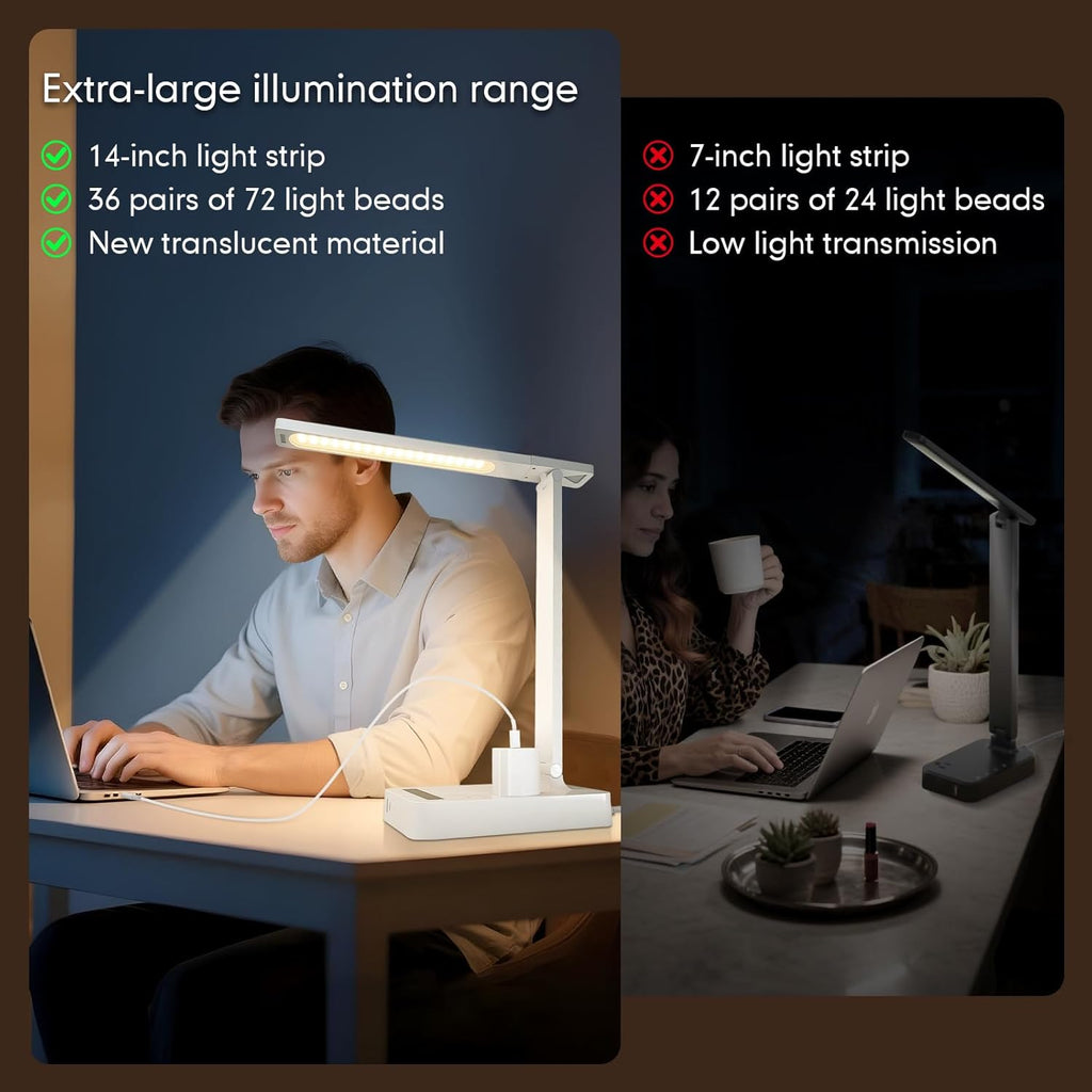Desk Lamp with 4-Port Charging Station (2 AC Outlets, USB-C, USB-A), 5 Color Modes & Adjustable Brightness, Flexible Gooseneck Arm, Eye-Protecting LED Light Source, Ideal for Home Offices & Bedrooms
