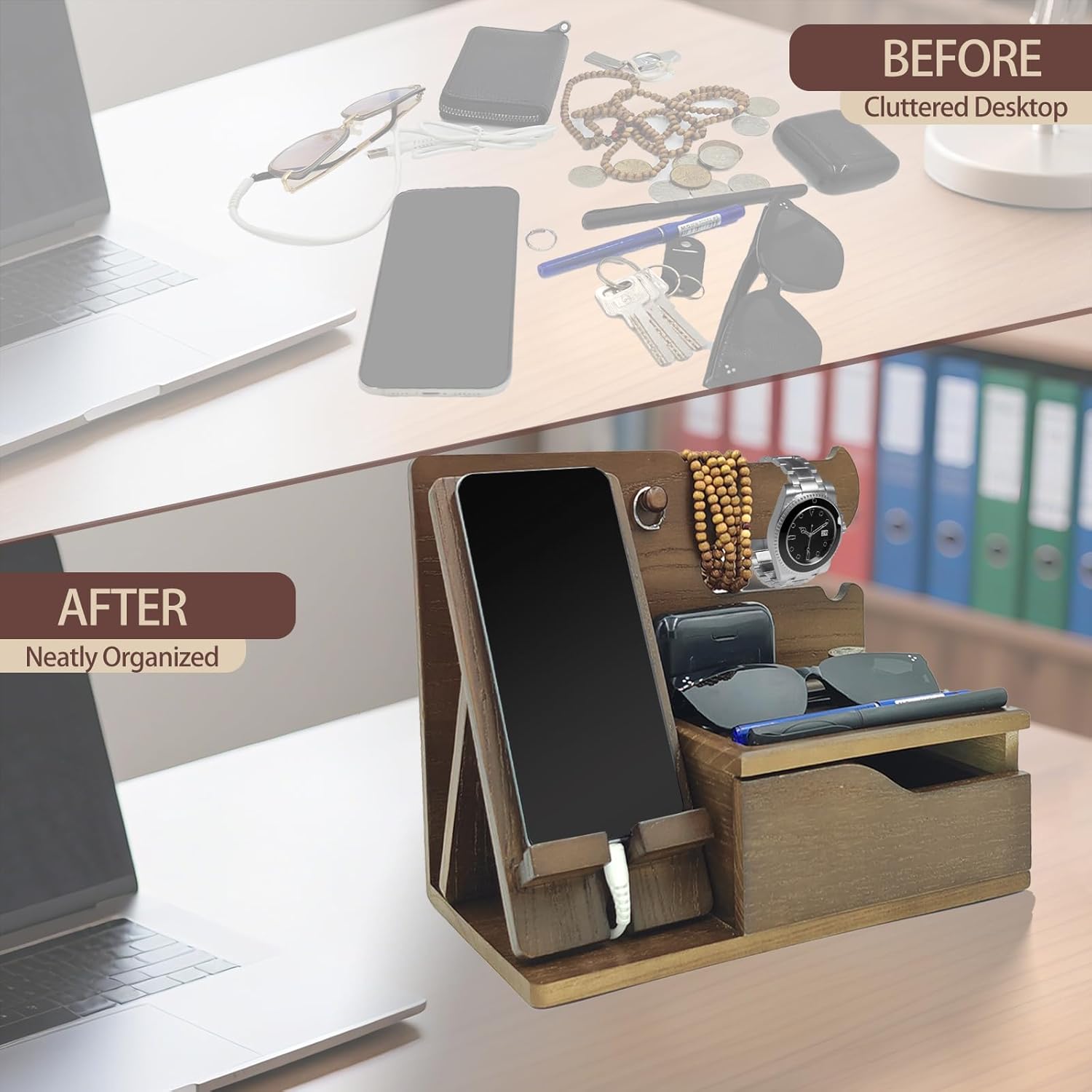 3-in-1 Wood Phone Docking Station Organizer with Drawer & Hidden Charging Hole for Phone, Keys, Glasses & Accessories, for Men (WALNUT, 01)