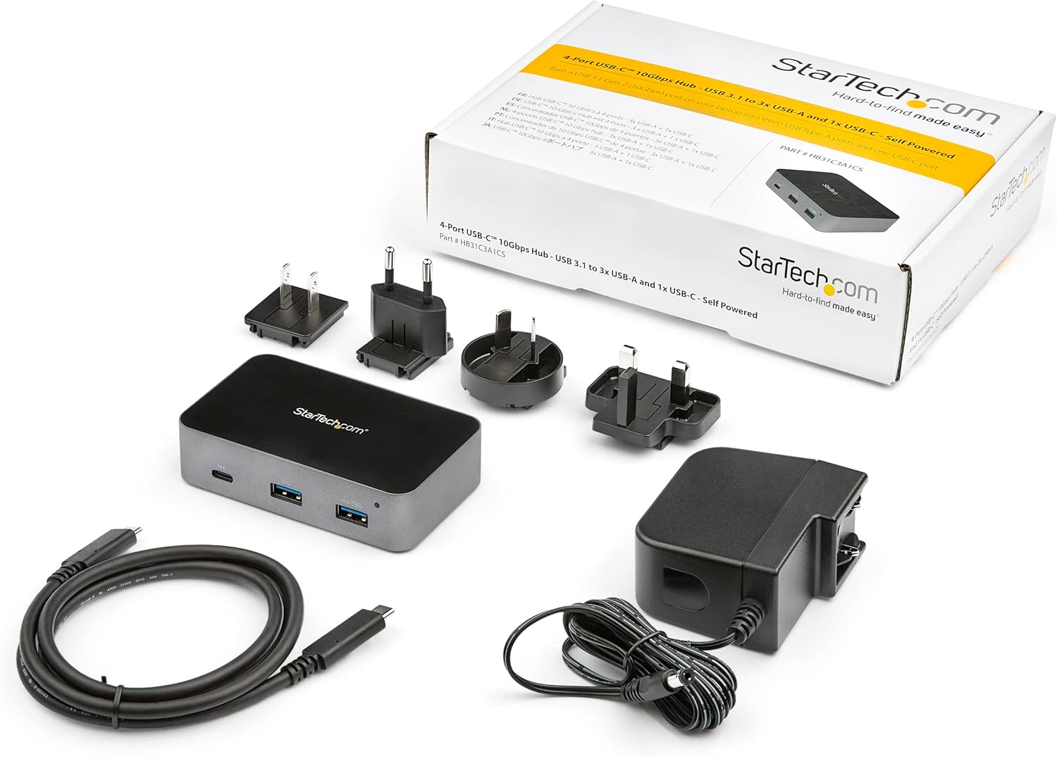 StarTech.com 4-Port USB C Hub - USB 3.2 Gen 2 (10Gbps) - 3x USB-A & 1x USB-C - Powered - Universal Power Adapter Included , TAA (HB31C3A1CS)