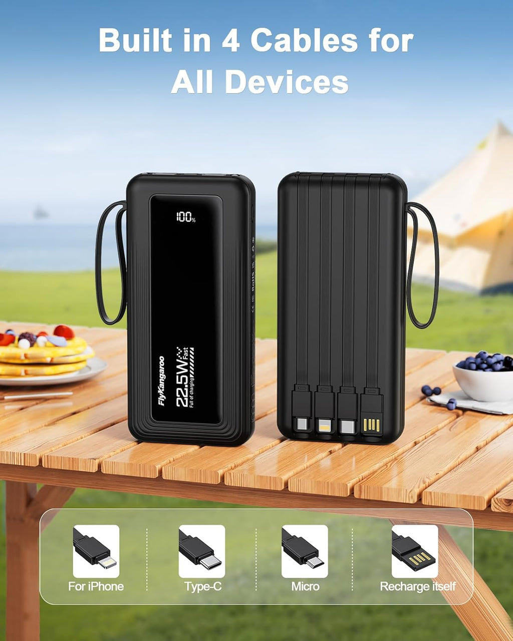 Portable Charger with Built in Cables, Slim 10000mAh Fast Charging 22.5W Power Bank USB C LED Display Battery Pack 6 Outputs & 2 Inputs for iPhone Samsung Pixel LG Moto iPad
