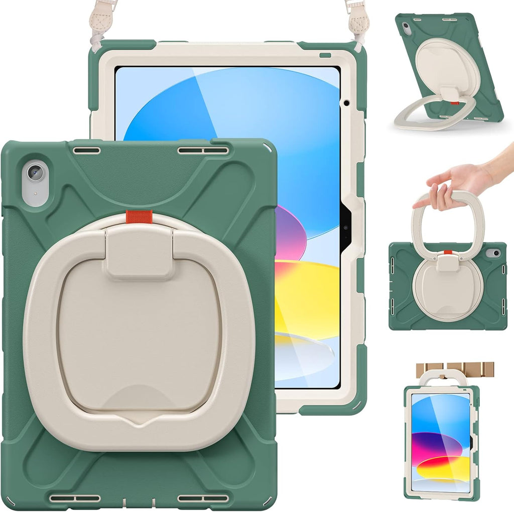 BRAECN Case for iPad (A16) 11th/10th Generation 11”/10.9'' 2025/2022-Heavy Duty Rugged Silicone Cover with Pencil Holder/Rotating Handle Grip/Stable Kickstand/Adjustable Shoulder Strap, Emerald Green