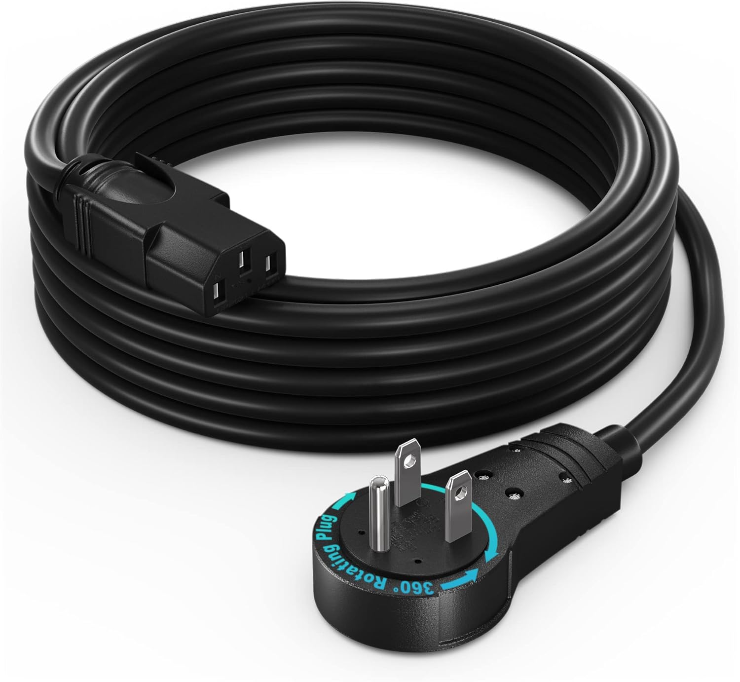 Maximm Monitor Computer Power Cord 12 Ft Flat Plug 360° Rotating PC Cable 3 Prong for, Desktop, Printer, Scanner, 16 AWG NEMA 5-15P to IEC13 - UL Certified